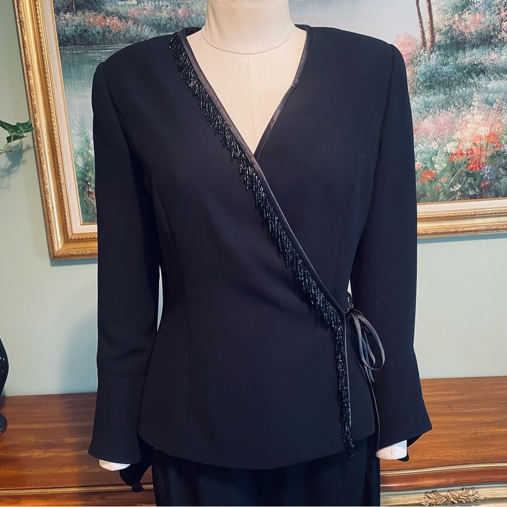 Maggy London Silk Black Fringe Beaded Bell Flare Sleeve Wrap Jacket